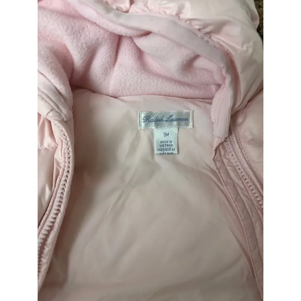 Ralph Lauren Baby Girls Pink Puffer Snowsuit 3M Hooded Footed Bunting